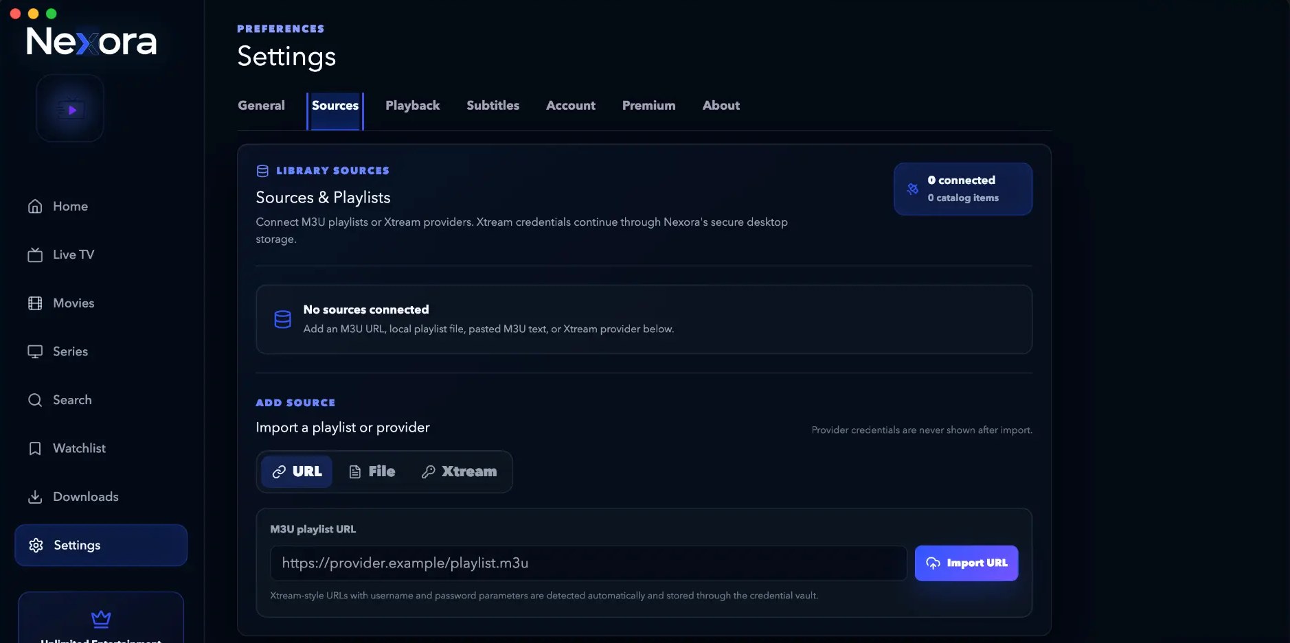 Nexora Settings — Sources & Playlists screen with URL, File and Xtream import options