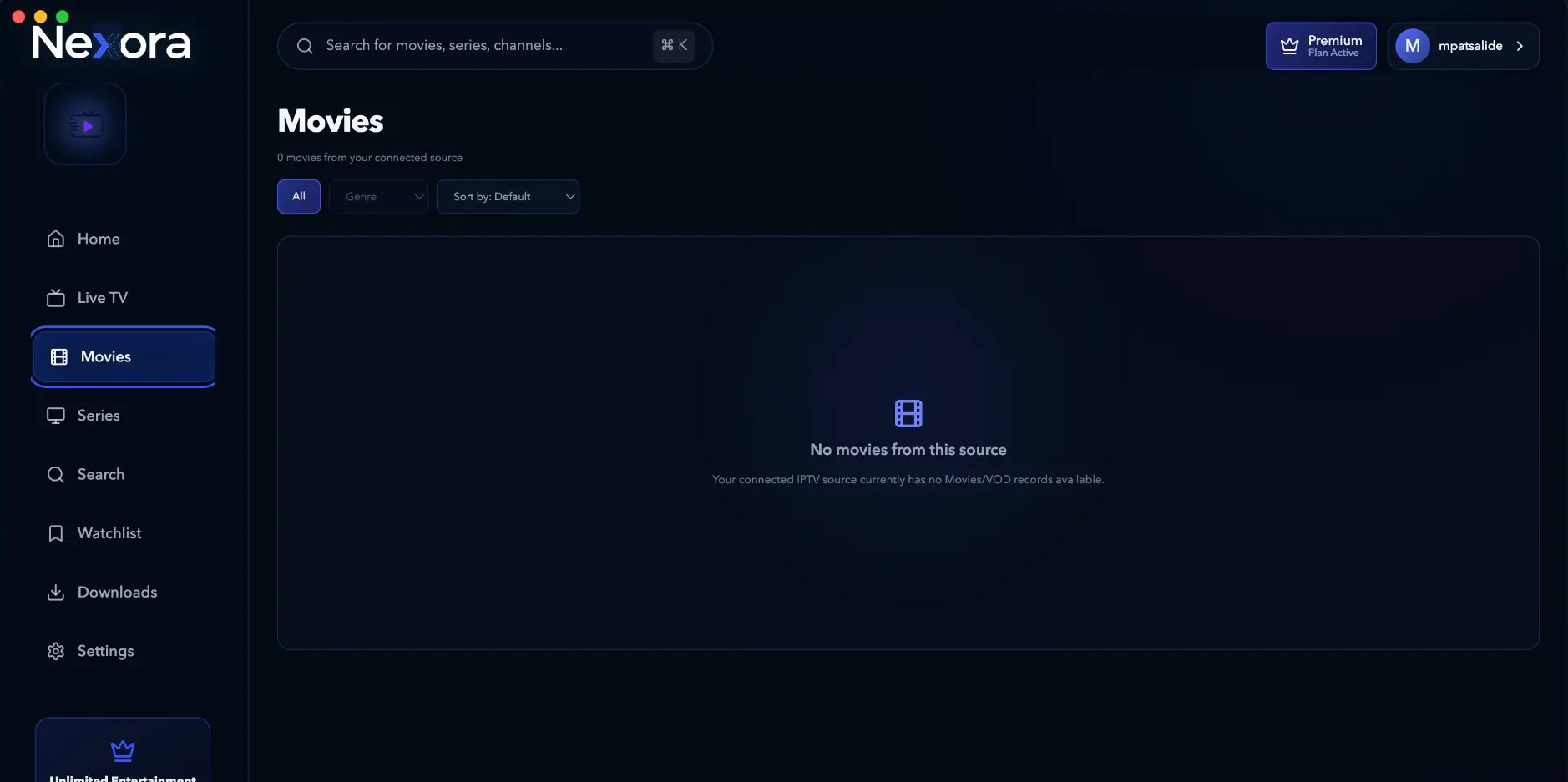 Nexora desktop app with an active Premium plan shown in the top bar