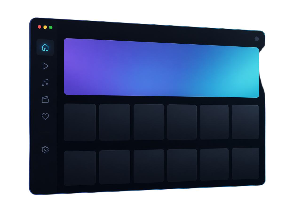 Illustration of the Nexora desktop app window with a sidebar and a grid of library tiles